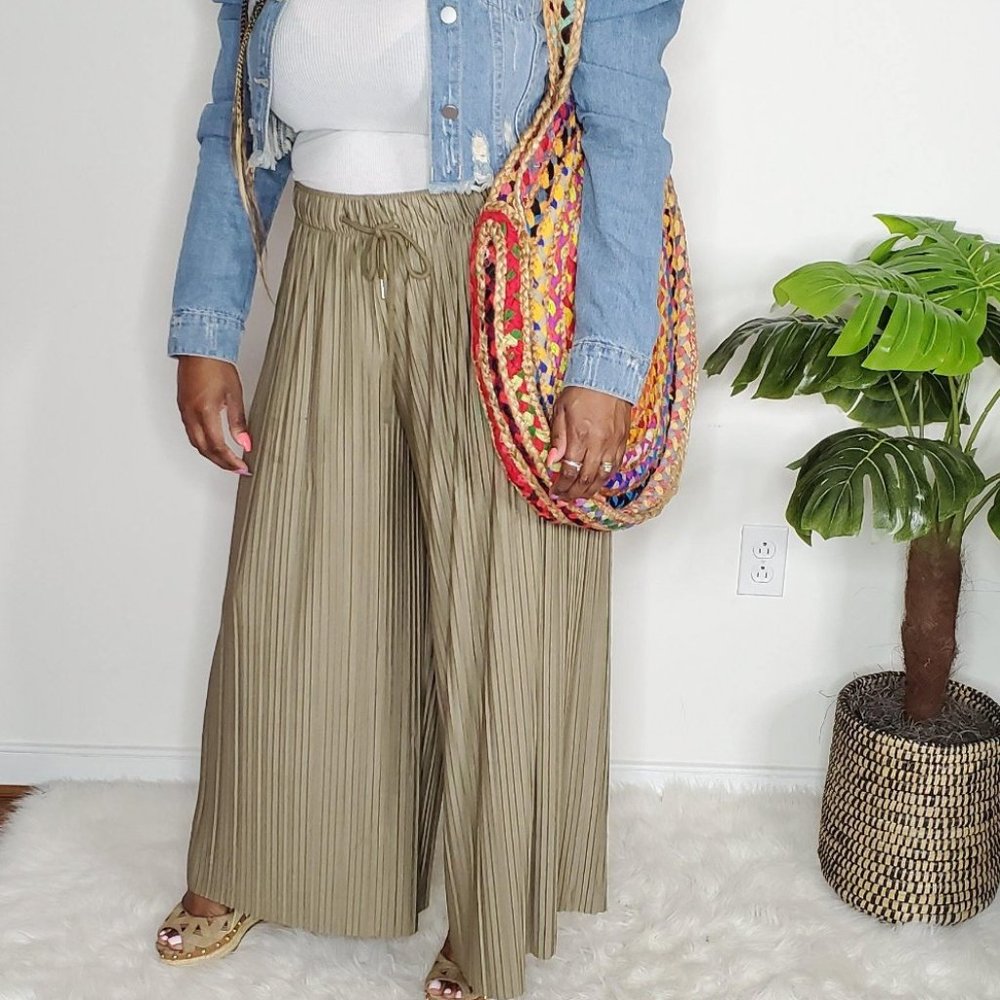 Women's Palazzo Trousers Plain Ladies Baggy Wide Leg Flared Pants Khaki